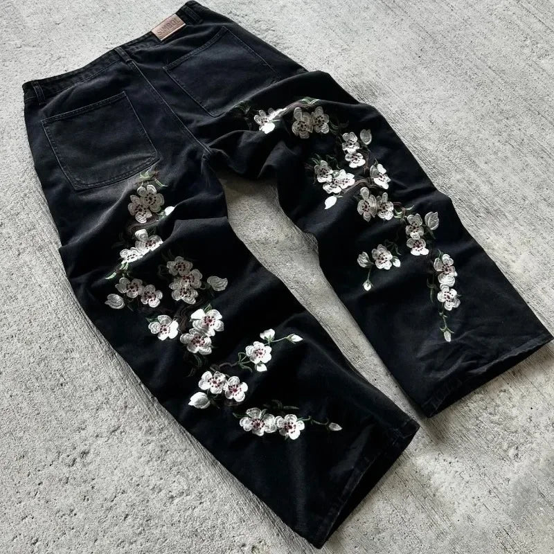 Cherry Blossom Embroidered Baggy Jeans – Vintage Streetwear Denim