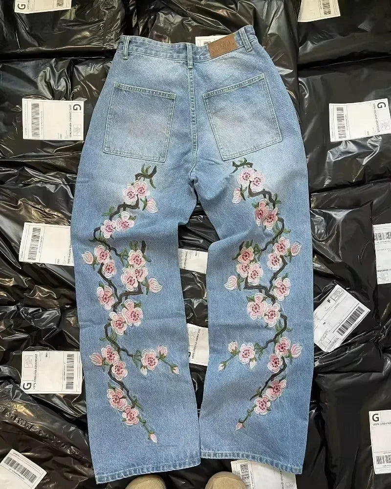 Cherry Blossom Embroidered Baggy Jeans – Vintage Streetwear Denim